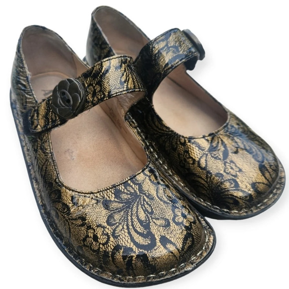 Alegria Shoes - Alegria Leather Slip-On Mary Janes - Faye Black Gold Lace Size 37 - 7